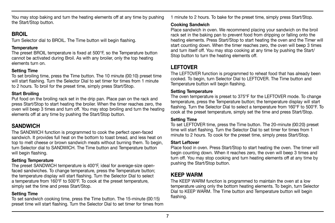 Cuisinart TOB-100 manual Temperature, Start Broiling, Cooking Sandwich, Start Leftover 