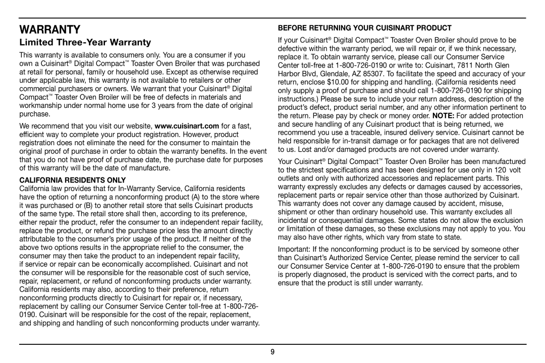Cuisinart TOB-100 manual Limited Three-Year Warranty 