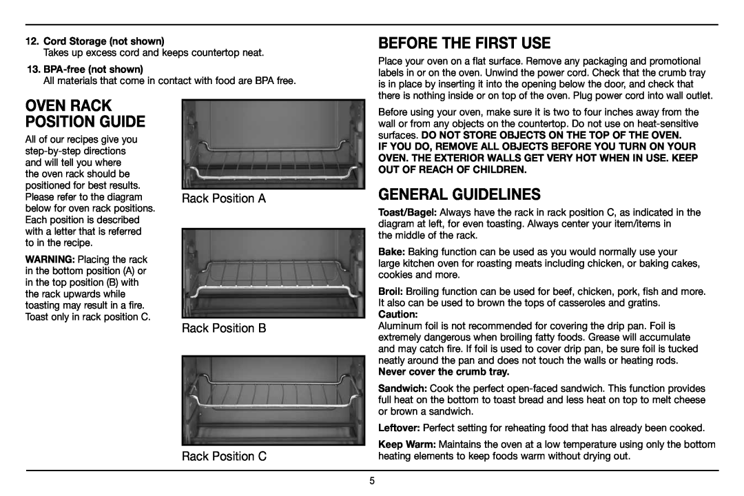 Cuisinart TOB-100 Before The First Use, Oven rack position Guide, General Guidelines, Rack Position A Rack Position B 