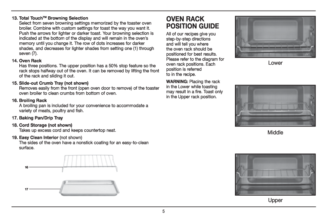 Cuisinart Delux Convection Toaster Oven Broiler, TOB-130 manual Oven Rack Position Guide, Lower Middle, Upper 
