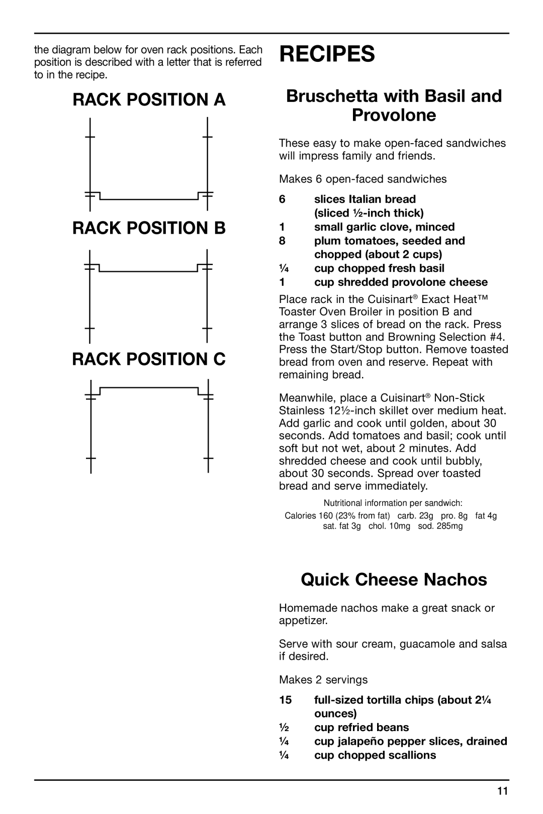 Cuisinart TOB-155 manual Bruschetta with Basil Provolone, Quick Cheese Nachos 