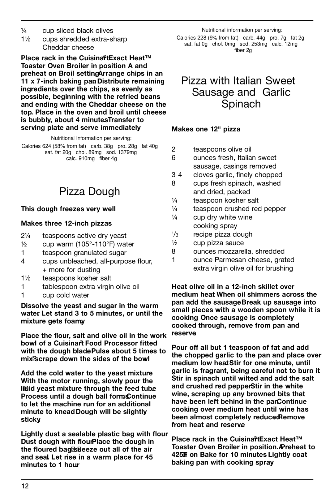 Cuisinart TOB-155 manual Pizza Dough, Pizza with Italian Sweet Sausage and Garlic Spinach 