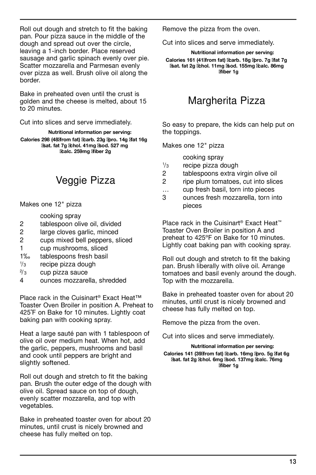 Cuisinart TOB-155 manual Veggie Pizza, Margherita Pizza 