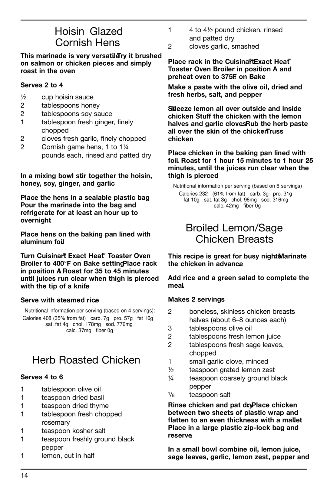 Cuisinart TOB-155 manual Hoisin Glazed Cornish Hens, Herb Roasted Chicken, Broiled Lemon/Sage Chicken Breasts 