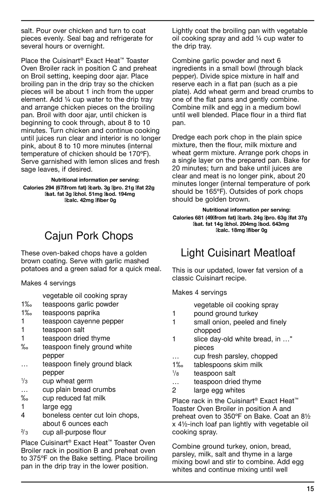 Cuisinart TOB-155 manual Cajun Pork Chops, Light Cuisinart Meatloaf 