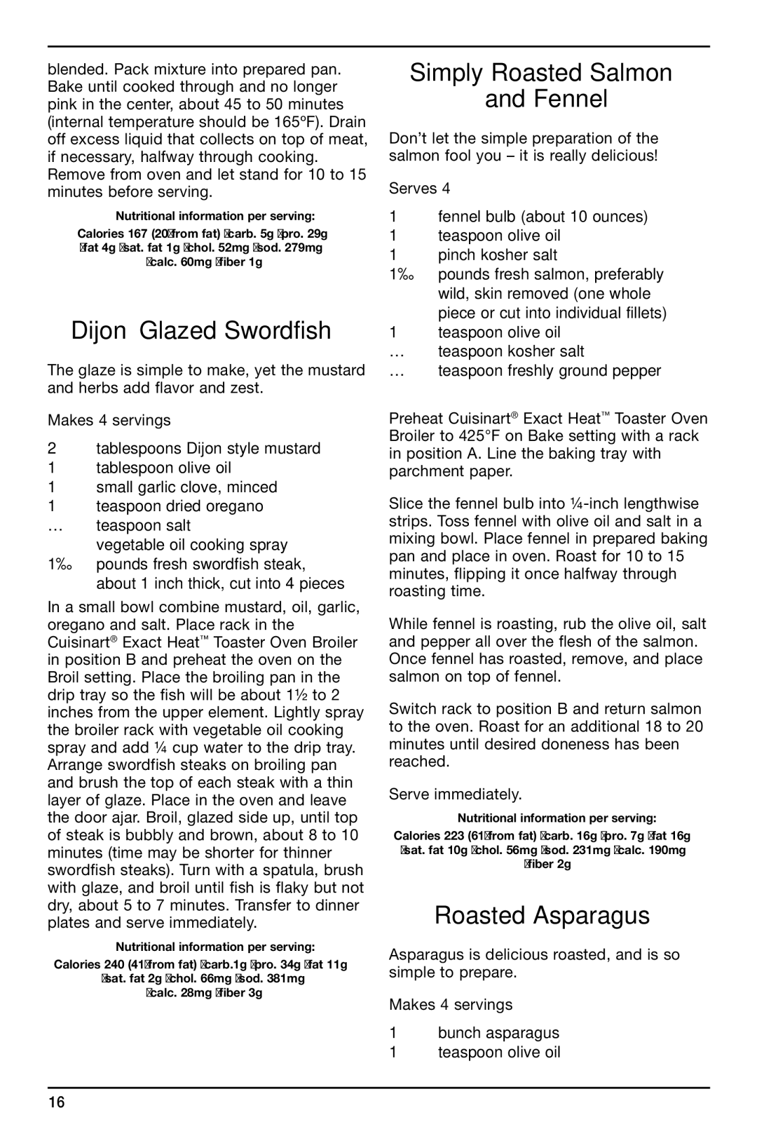 Cuisinart TOB-155 manual Dijon Glazed Swordfish, Simply Roasted Salmon Fennel, Roasted Asparagus 