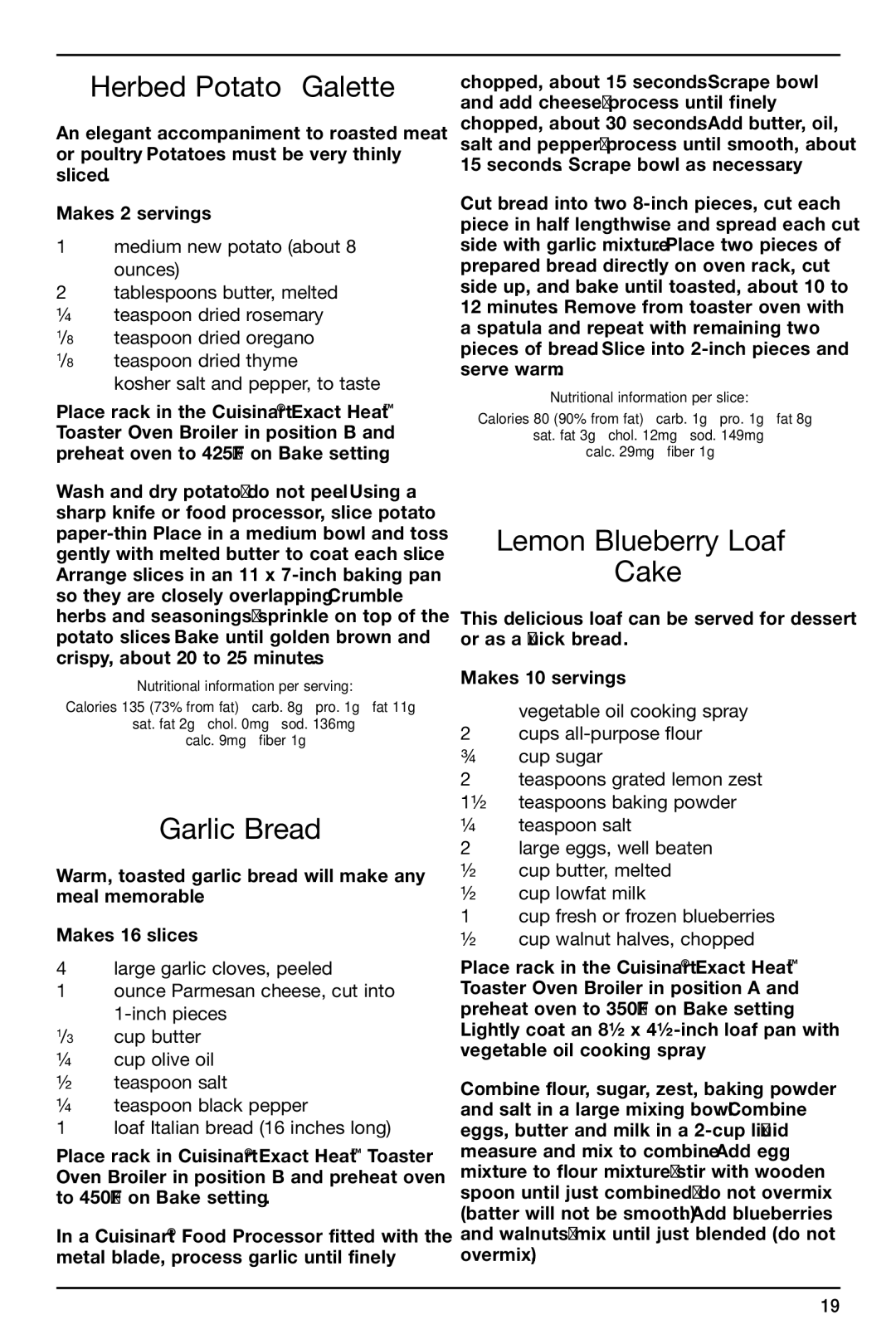 Cuisinart TOB-155 manual Herbed Potato Galette, Garlic Bread, Lemon Blueberry Loaf Cake 