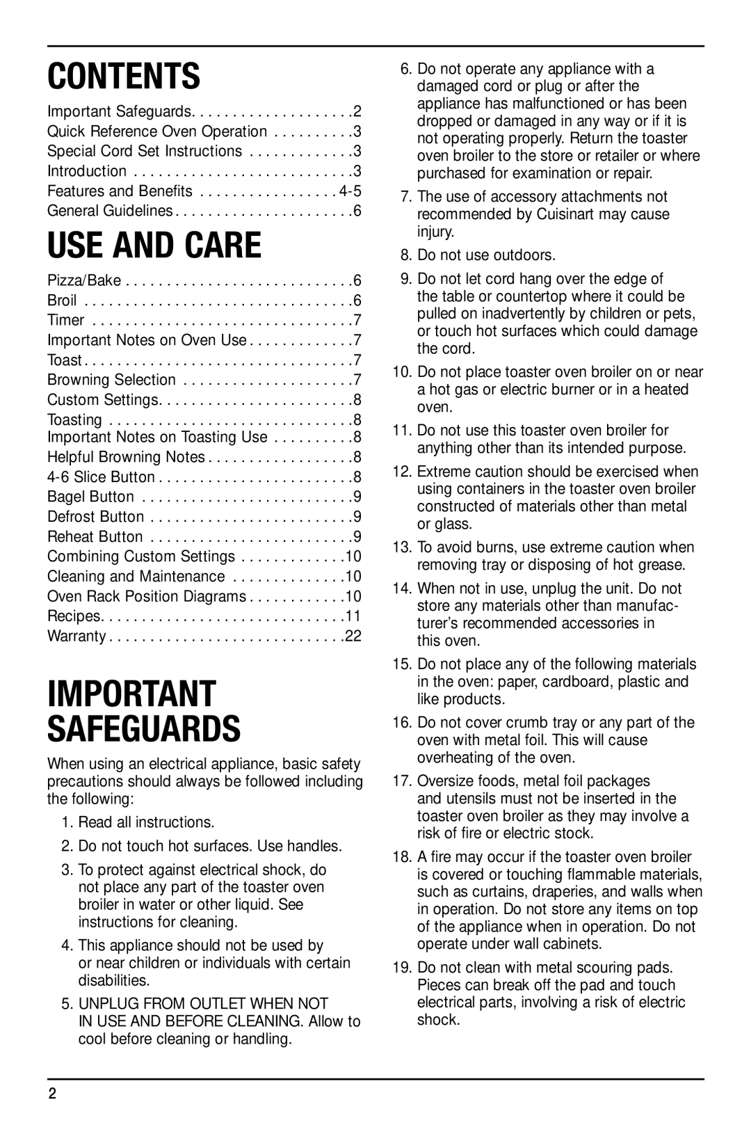 Cuisinart TOB-155 manual Contents 