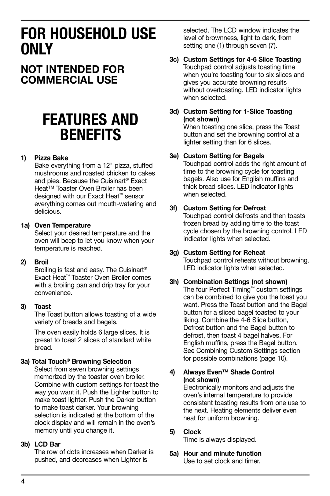 Cuisinart TOB-155 Pizza Bake, 1a Oven Temperature, Broil, 3b LCD Bar, 3c Custom Settings for 4-6 Slice Toasting, Clock 