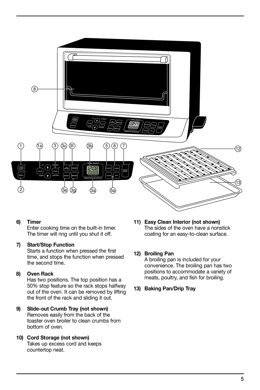 Cuisinart TOB-155 manual Timer, Start/Stop Function, Oven Rack, Broiling Pan, Baking Pan/Drip Tray 