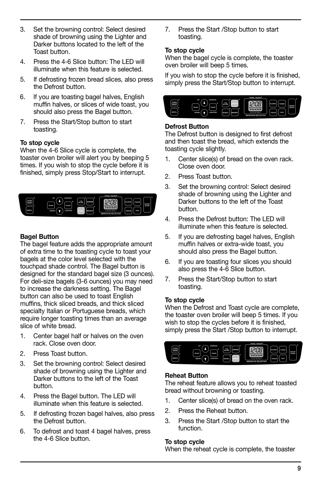 Cuisinart TOB-155 manual To stop cycle, Bagel Button, Defrost Button, Reheat Button 