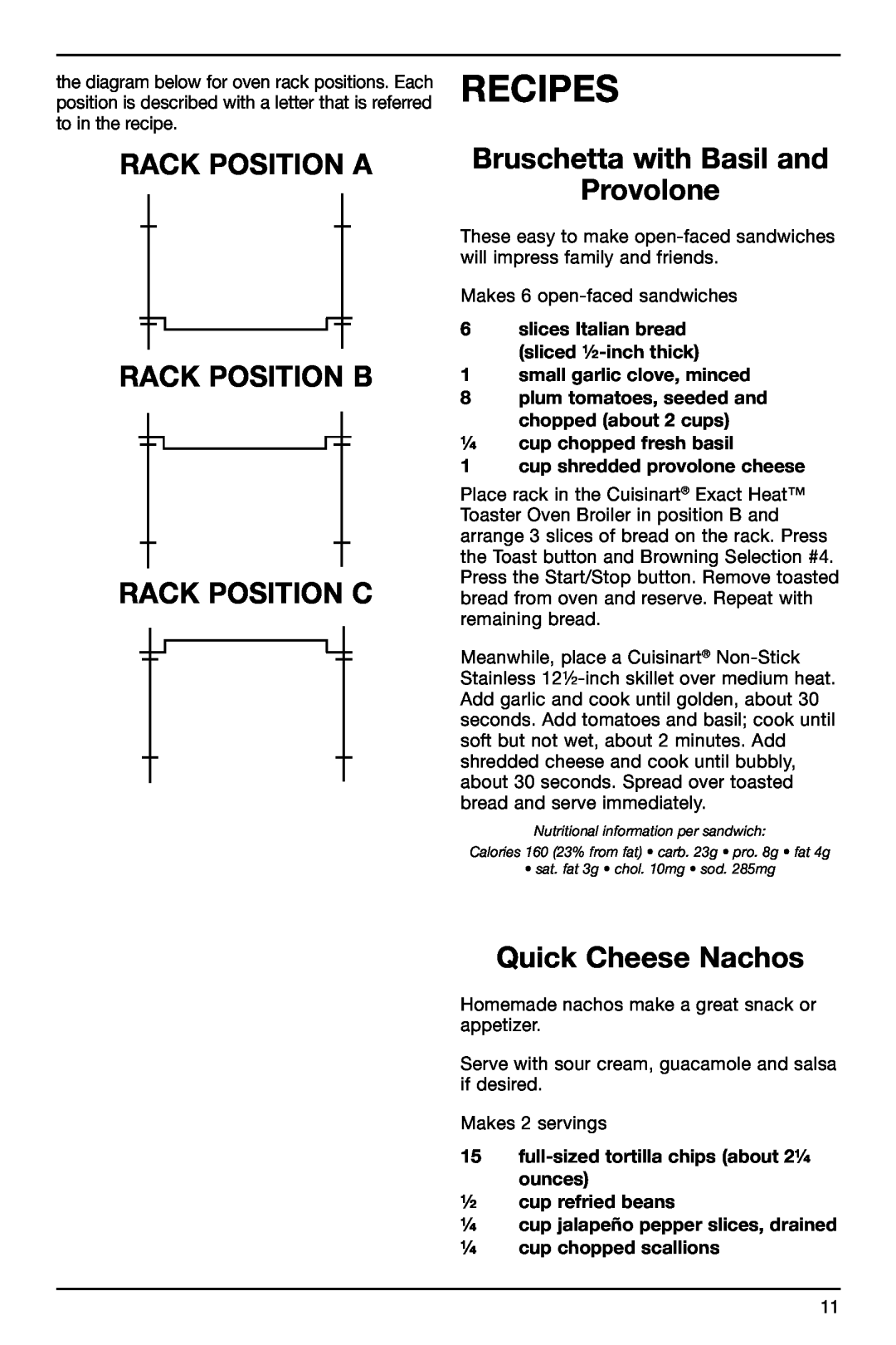 Cuisinart TOB-155 manual Rack Position A Rack Position B Rack Position C, Bruschetta with Basil and Provolone, Recipes 