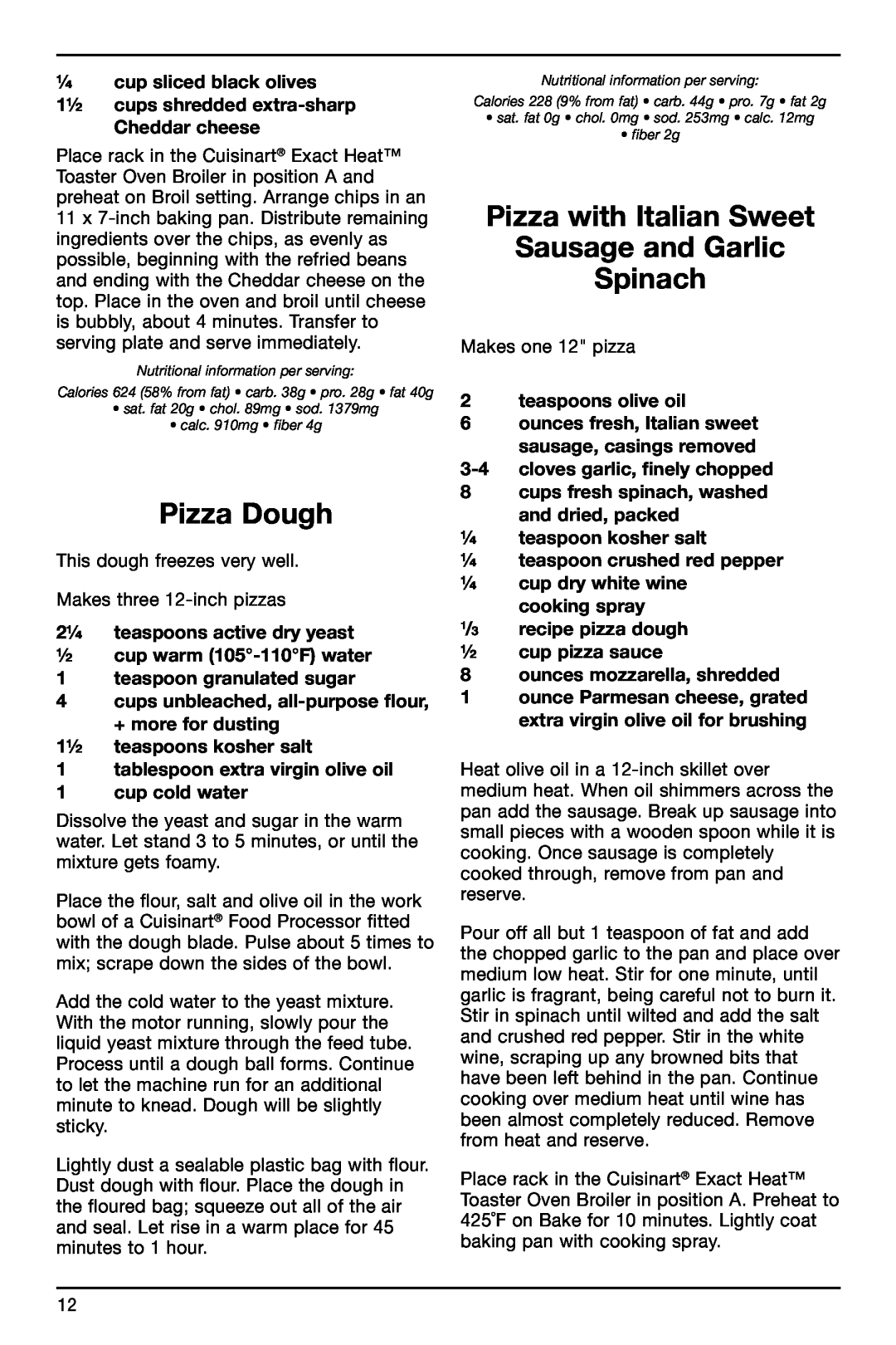 Cuisinart TOB-155 manual Pizza Dough, Pizza with Italian Sweet Sausage and Garlic Spinach 