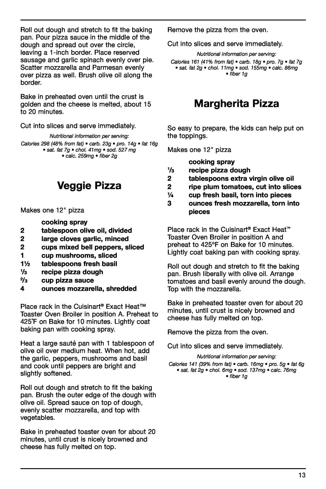 Cuisinart TOB-155 manual Veggie Pizza, Margherita Pizza, cooking spray 2 tablespoon olive oil, divided 