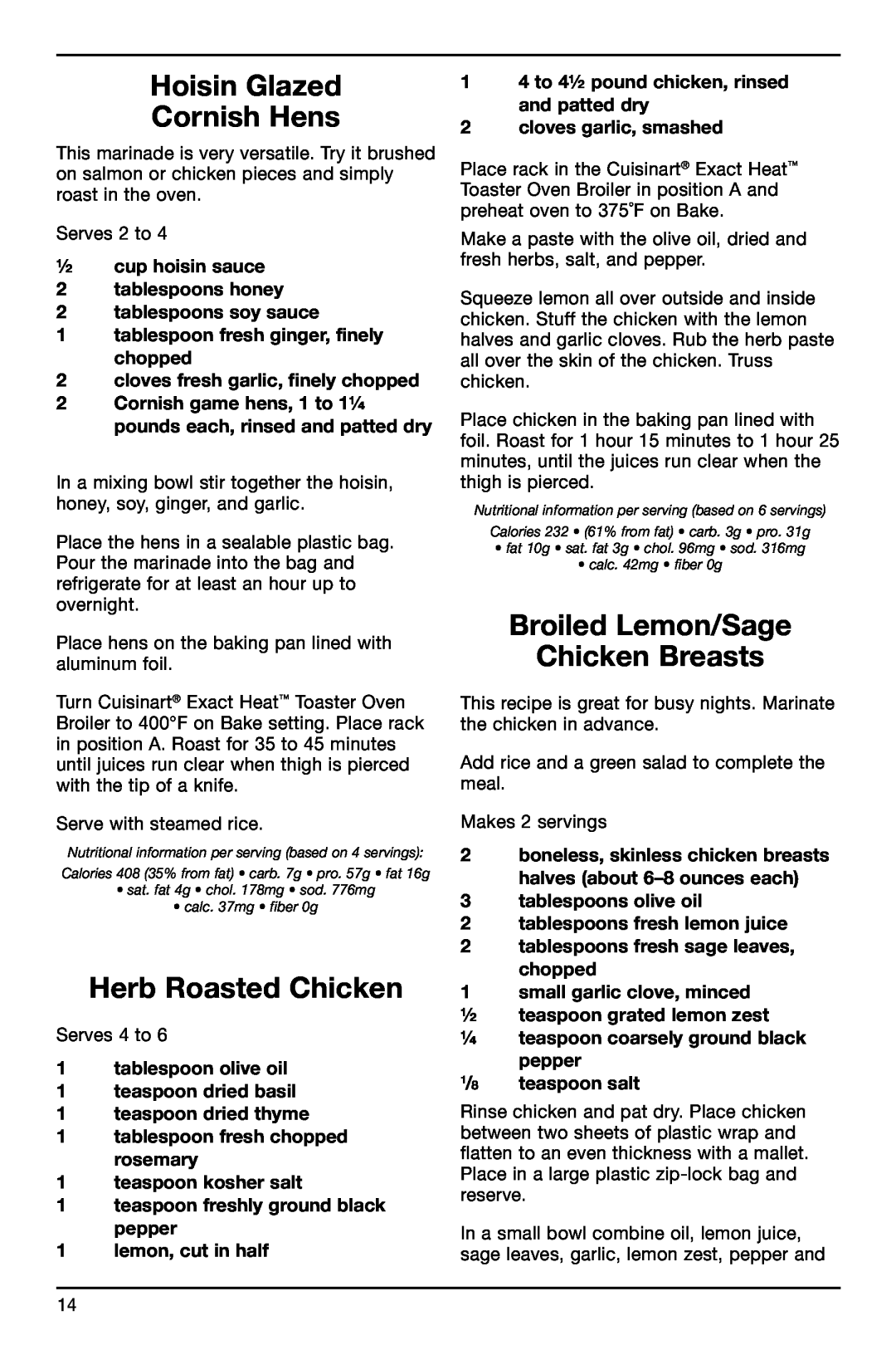 Cuisinart TOB-155 manual Hoisin Glazed Cornish Hens, Herb Roasted Chicken, Broiled Lemon/Sage Chicken Breasts 