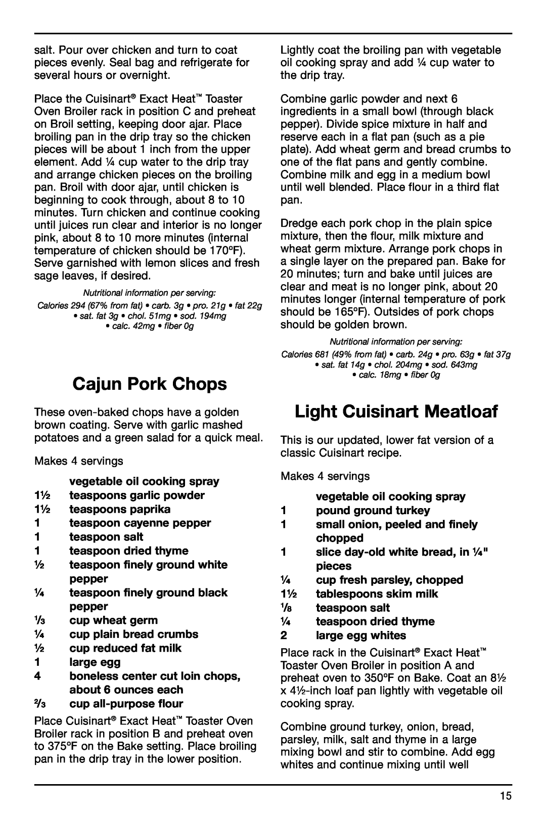 Cuisinart TOB-155 manual Cajun Pork Chops, Light Cuisinart Meatloaf 
