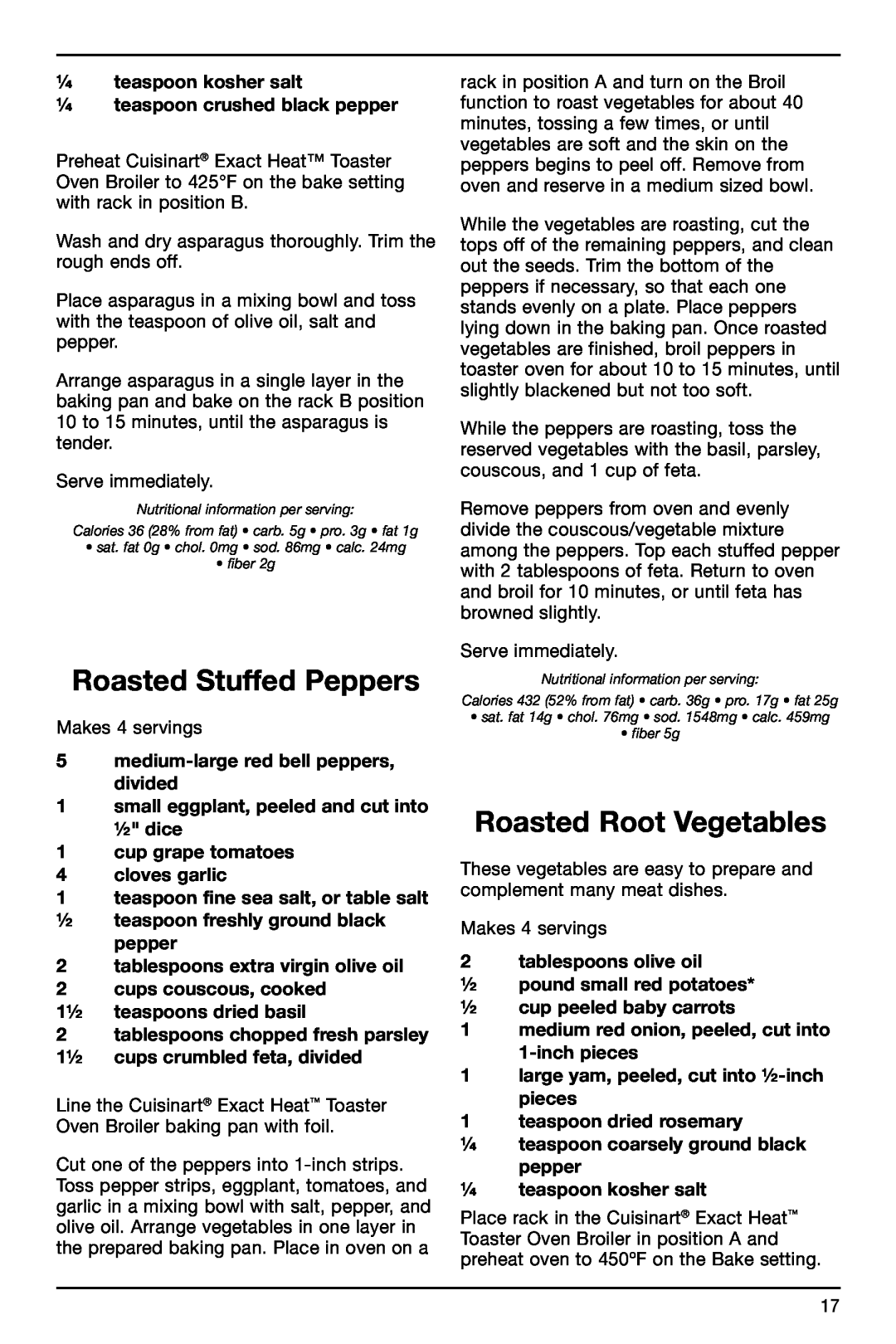 Cuisinart TOB-155 manual Roasted Stuffed Peppers, Roasted Root Vegetables 