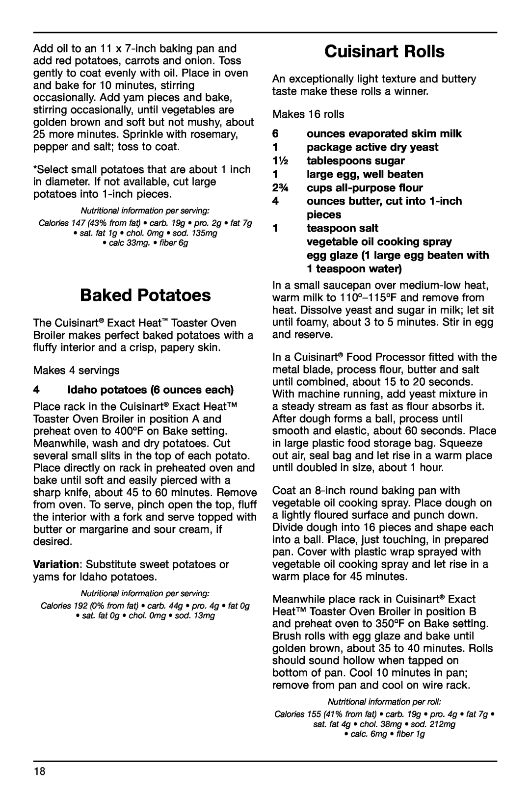 Cuisinart TOB-155 manual Baked Potatoes, Cuisinart Rolls, Idaho potatoes 6 ounces each, ounces evaporated skim milk 