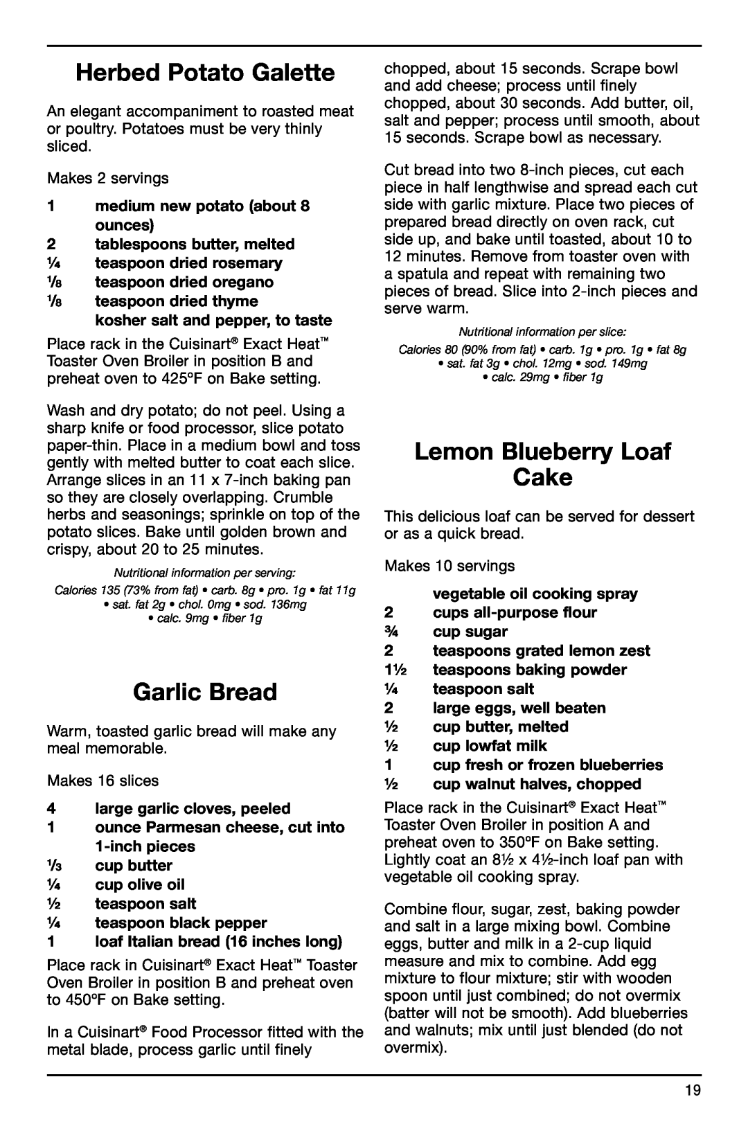 Cuisinart TOB-155 manual Herbed Potato Galette, Garlic Bread, Lemon Blueberry Loaf Cake 