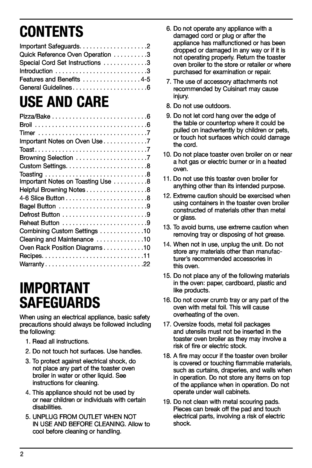 Cuisinart TOB-155 manual Contents, Use And Care, Safeguards 