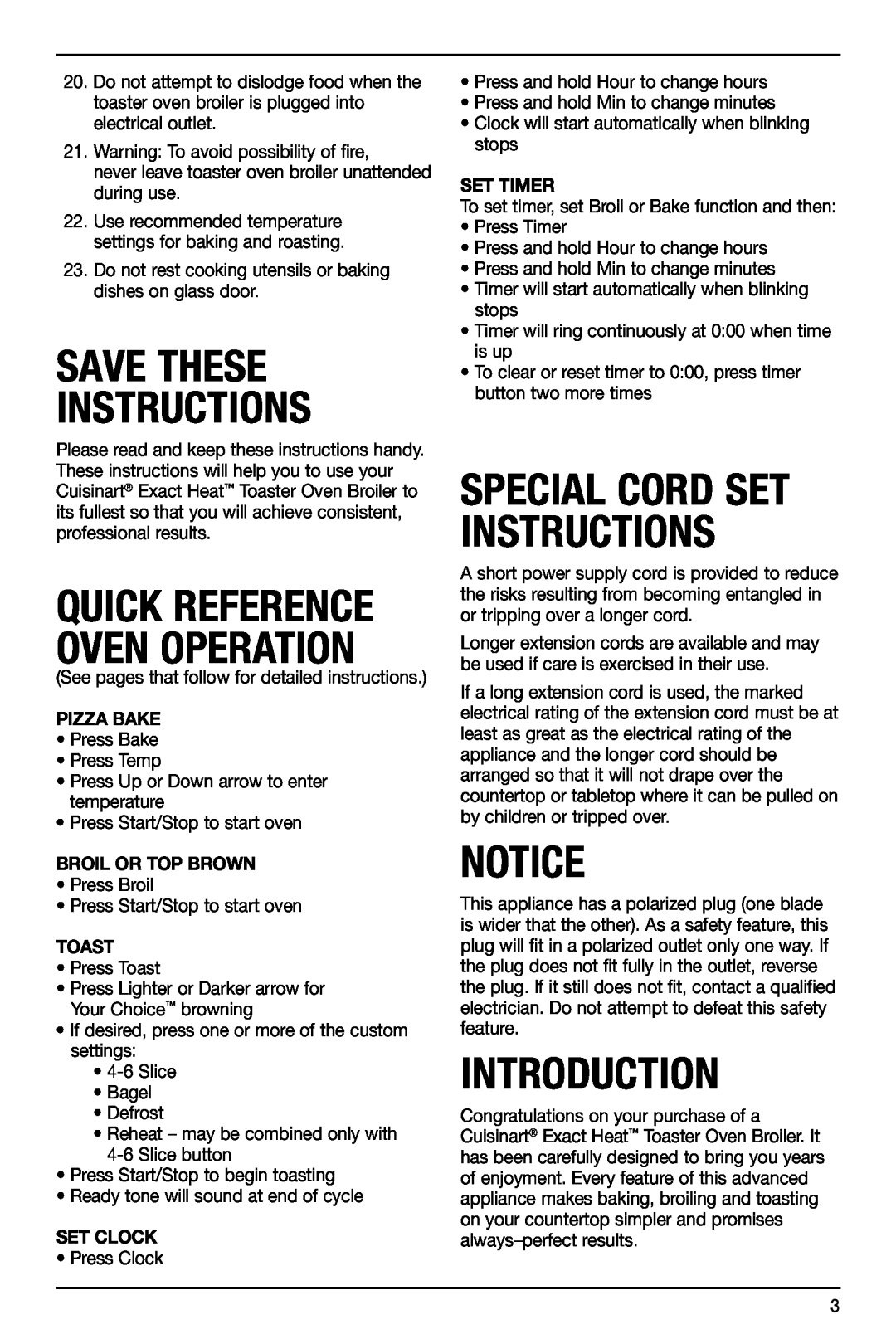 Cuisinart TOB-155 Save These Instructions, Introduction, Special Cord Set Instructions, Quick Reference Oven Operation 