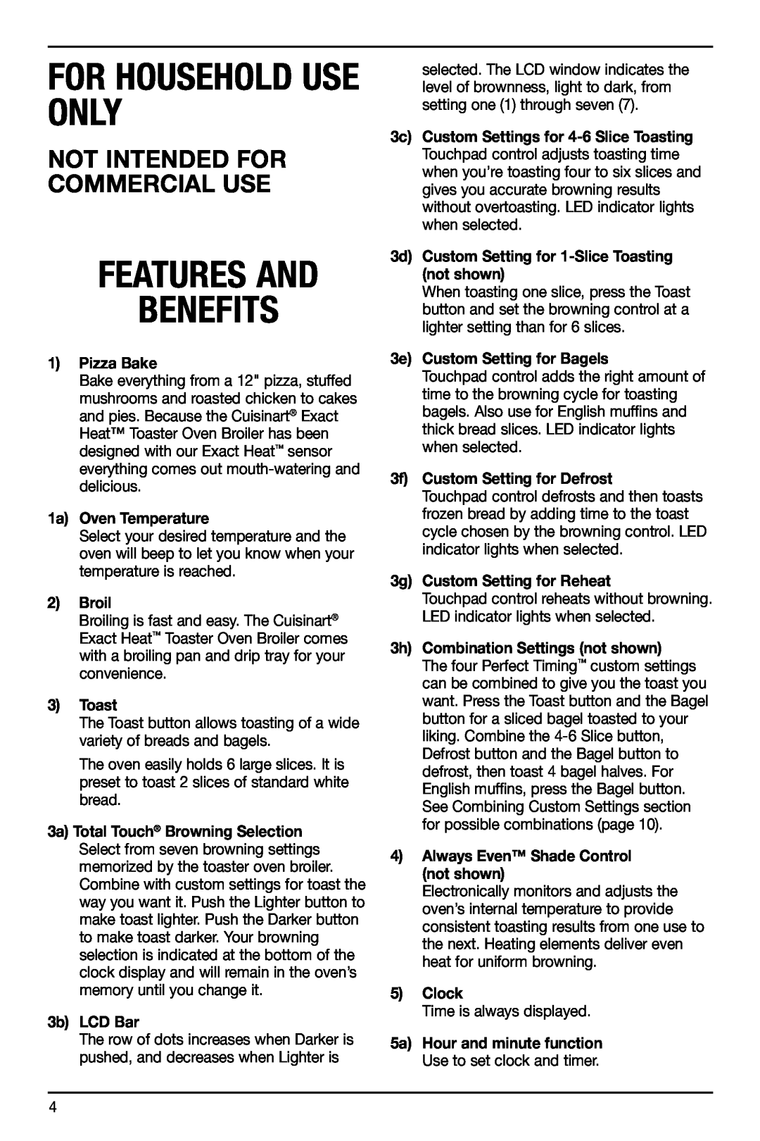 Cuisinart TOB-155 manual Features And Benefits, For Household Use Only, Not Intended For Commercial Use 