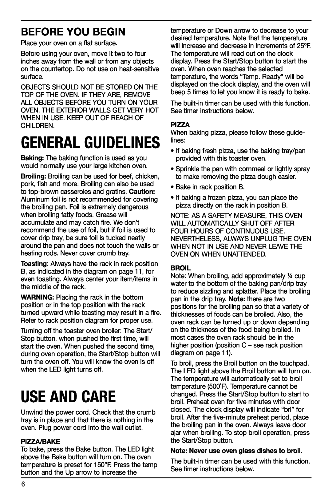 Cuisinart TOB-155 manual Before you begin, Use And Care, General Guidelines 