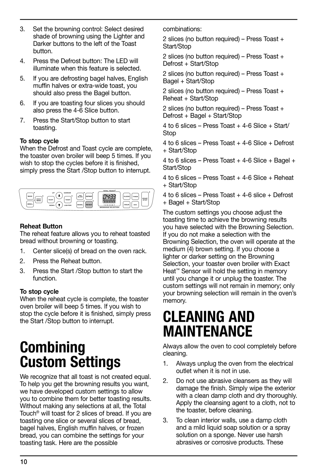 Cuisinart TOB-195 Series manual Combining Custom Settings, Reheat Button 