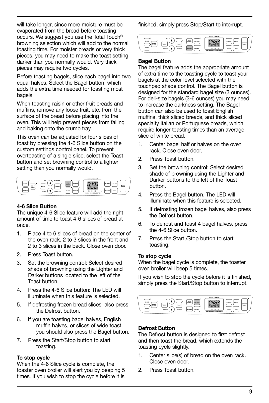 Cuisinart TOB-195 Series manual Slice Button, To stop cycle, Bagel Button, Defrost Button 