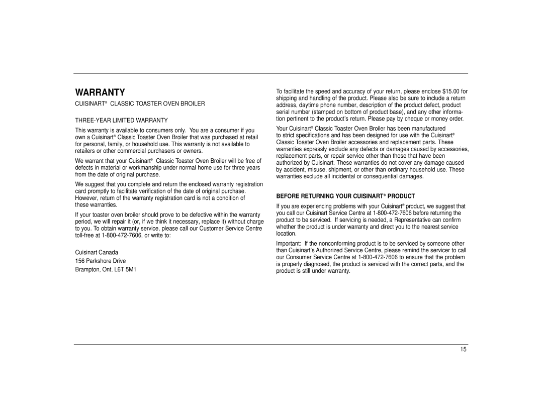 Cuisinart TOB-30 Series manual Warranty, Before Returning Your Cuisinart Product 