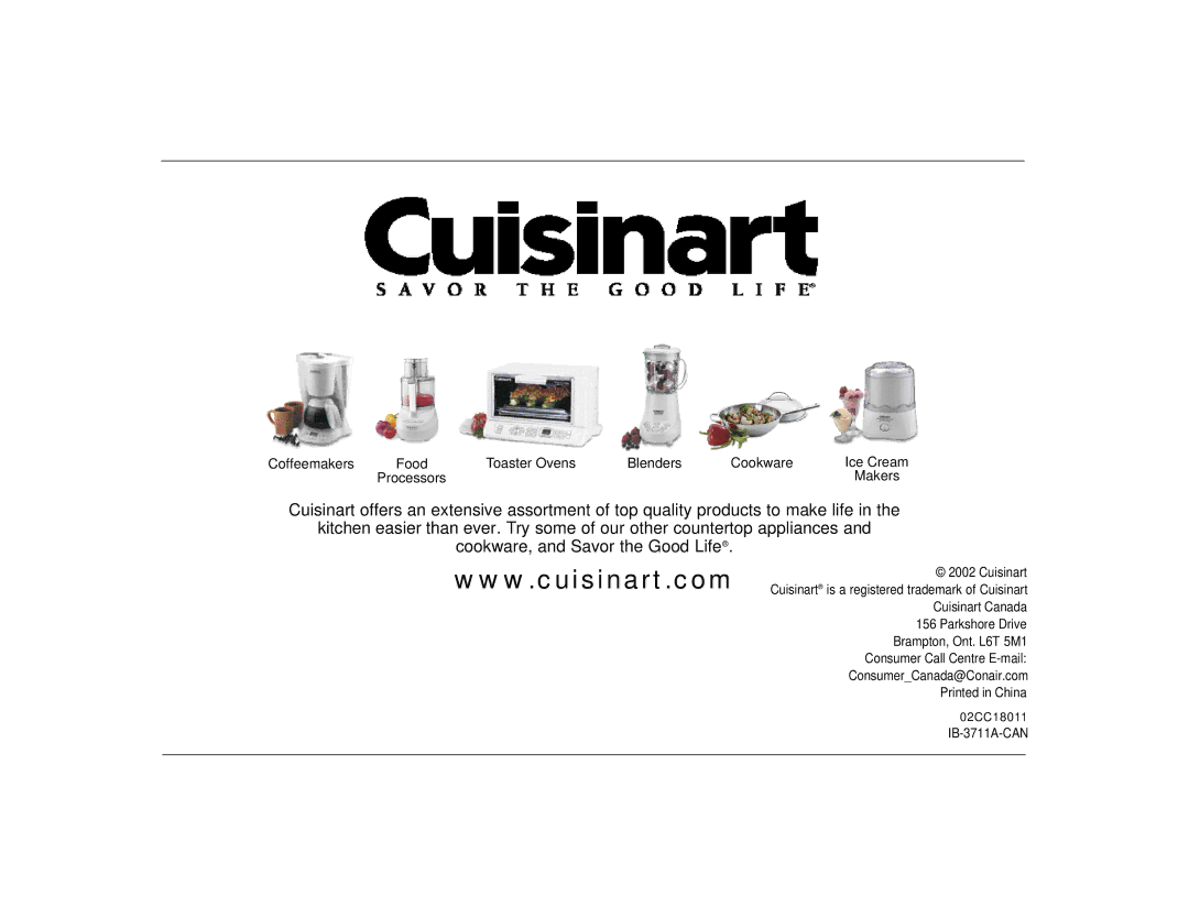 Cuisinart TOB-30 Series manual Coffeemakers Food Toaster Ovens Blenders Cookware Ice Cream 