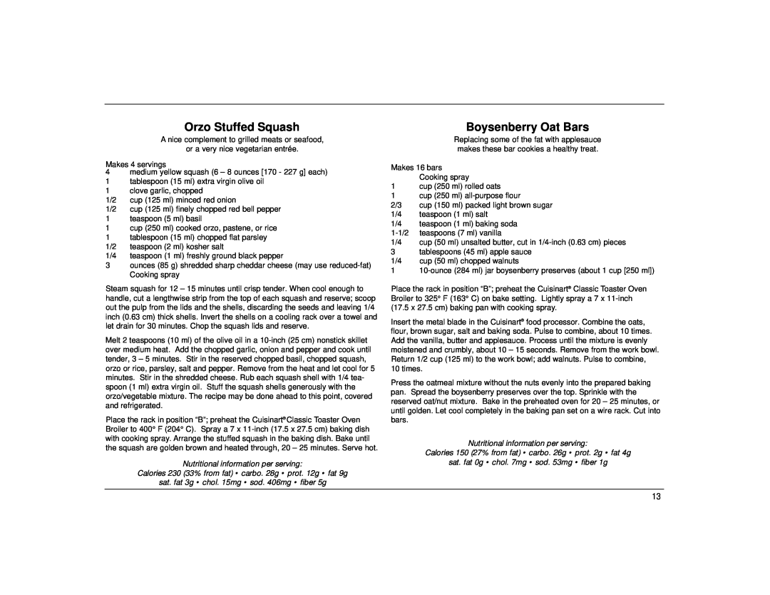 Cuisinart TOB-30 Series manual Orzo Stuffed Squash, Boysenberry Oat Bars, Nutritional information per serving 
