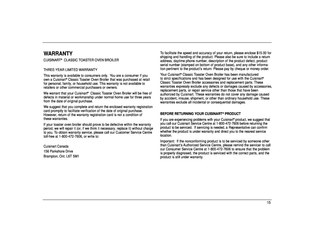 Cuisinart TOB-30 Series manual Warranty, Before Returning Your Cuisinart Product 
