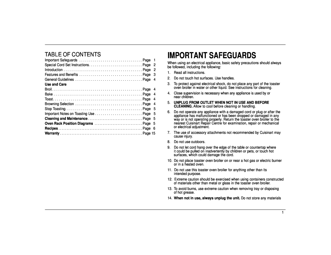 Cuisinart TOB-30 Series manual Important Safeguards, Table Of Contents 