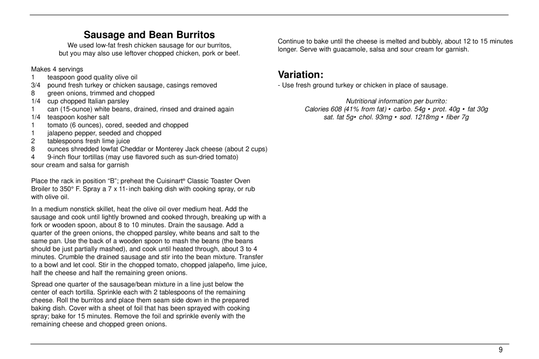 Cuisinart TOB-30 manual Sausage and Bean Burritos, Variation 