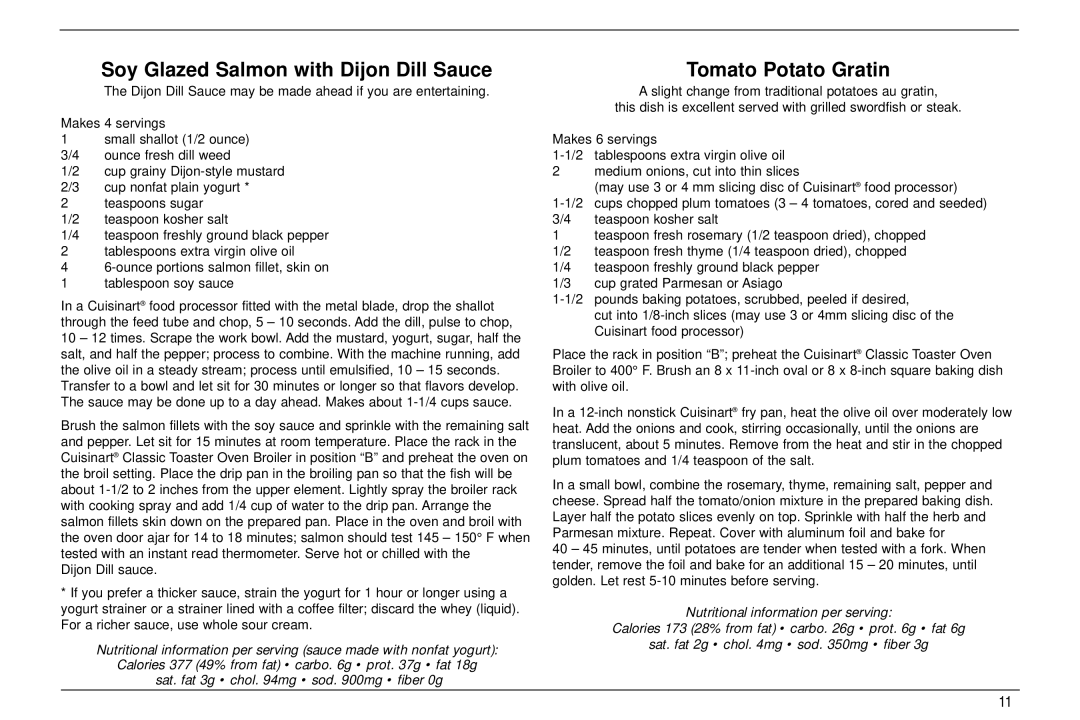 Cuisinart TOB-30 manual Soy Glazed Salmon with Dijon Dill Sauce, Tomato Potato Gratin 