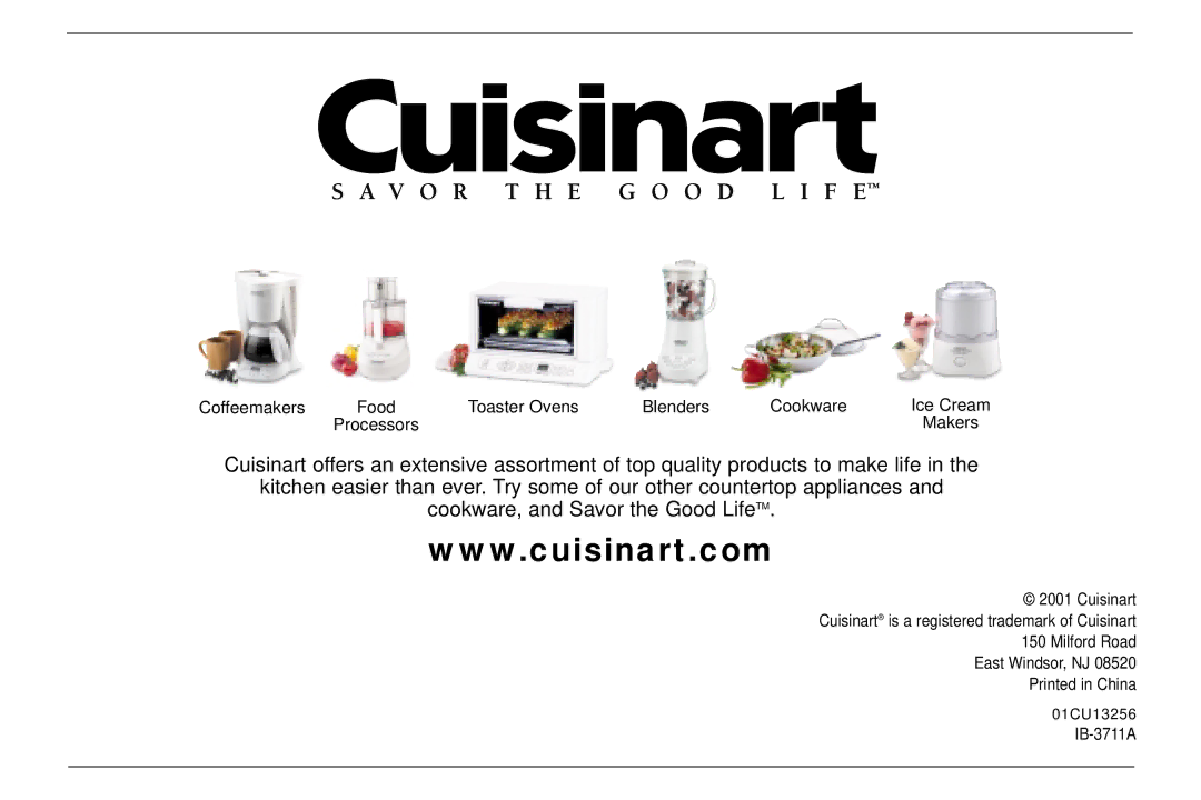 Cuisinart TOB-30 manual Coffeemakers Food Toaster Ovens Blenders Cookware Ice Cream, Makers, IB-3711A 