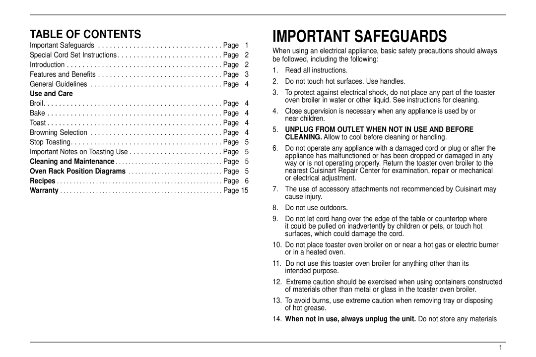 Cuisinart TOB-30 manual Important Safeguards, Table of Contents 