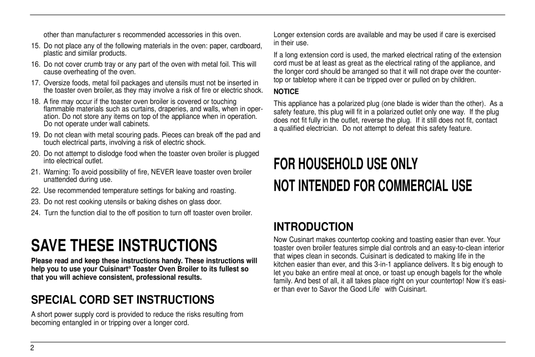 Cuisinart TOB-30 manual Special Cord SET Instructions, Introduction 