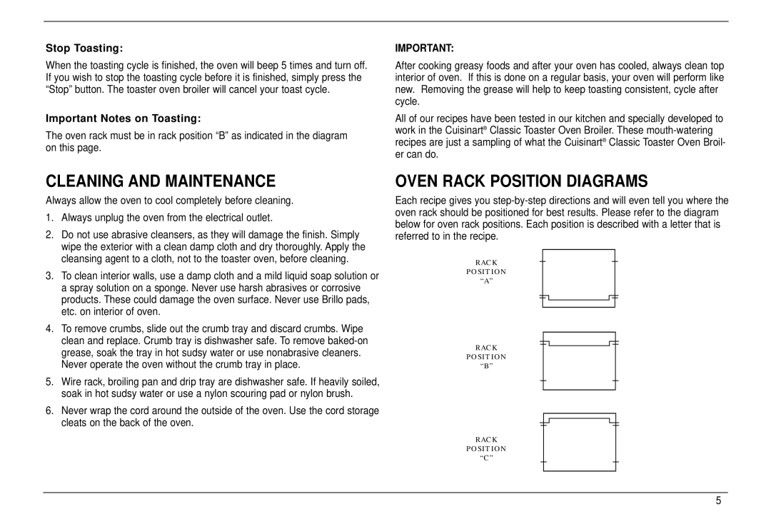 Cuisinart TOB-30 manual Cleaning and Maintenance, Oven Rack Position Diagrams, Stop Toasting, Important Notes on Toasting 