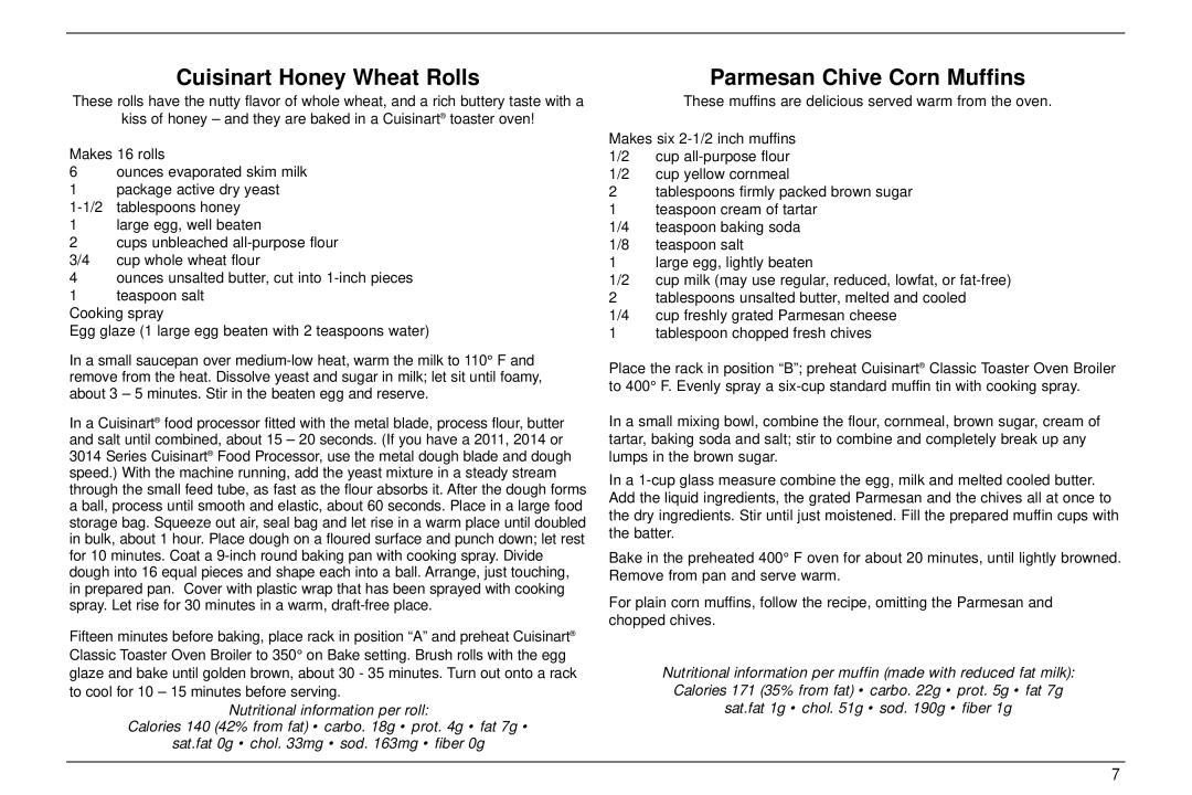 Cuisinart TOB-30 manual Cuisinart Honey Wheat Rolls, Parmesan Chive Corn Muffins 