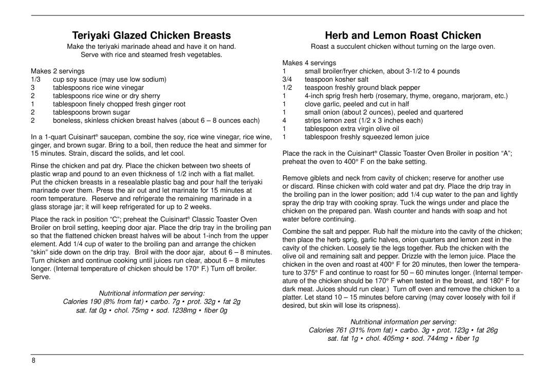 Cuisinart TOB-30 manual Teriyaki Glazed Chicken Breasts, Herb and Lemon Roast Chicken 