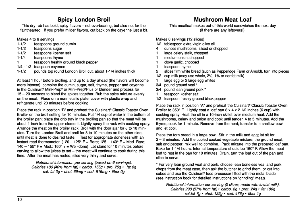 Cuisinart TOB-30 manual Spicy London Broil, Mushroom Meat Loaf, Nutritional information per serving based on 6 servings 