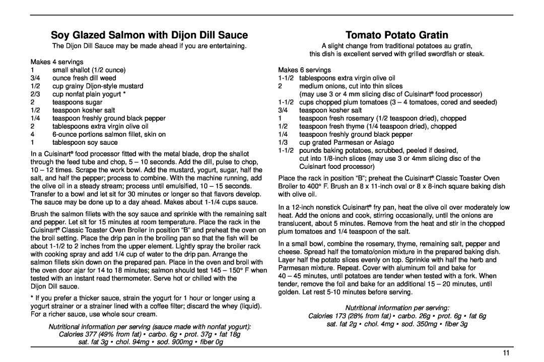 Cuisinart TOB-30 manual Soy Glazed Salmon with Dijon Dill Sauce, Tomato Potato Gratin, Nutritional information per serving 