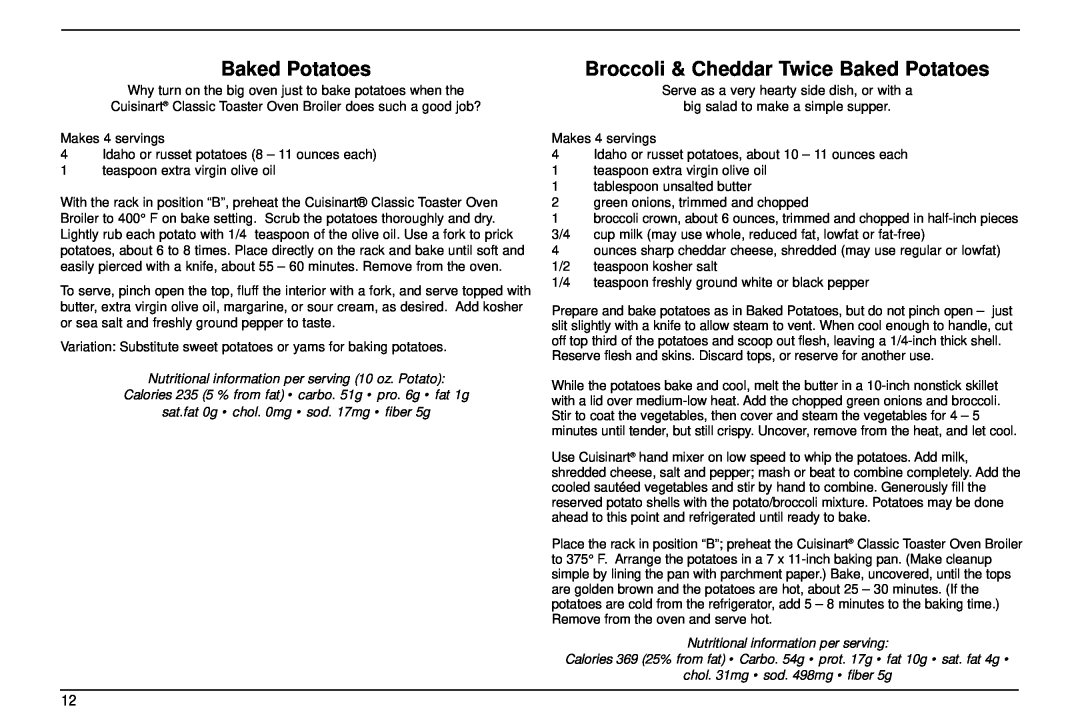 Cuisinart TOB-30 manual Broccoli & Cheddar Twice Baked Potatoes, Nutritional information per serving 10 oz. Potato 