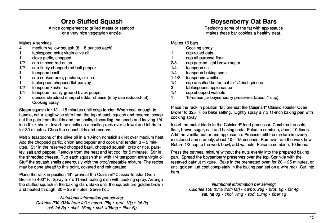 Cuisinart TOB-30 manual Orzo Stuffed Squash, Boysenberry Oat Bars, Nutritional information per serving 