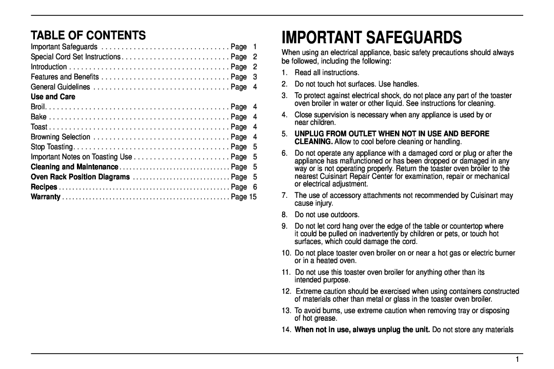 Cuisinart TOB-30 manual Important Safeguards, Table Of Contents 