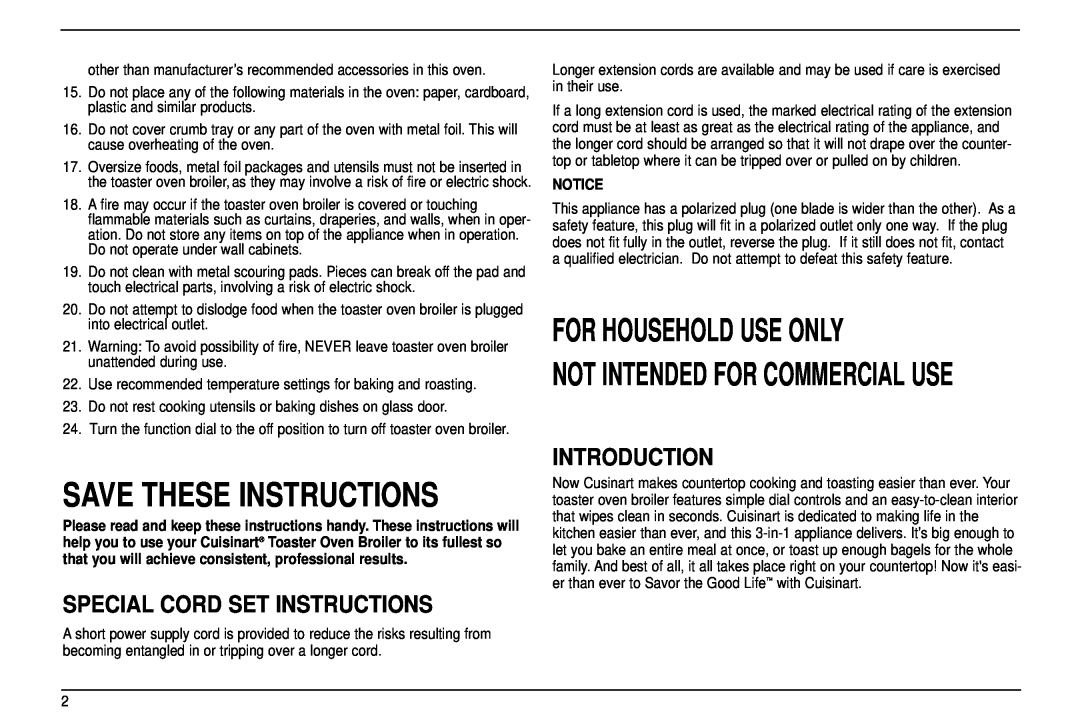 Cuisinart TOB-30 manual Save These Instructions, Special Cord Set Instructions, Introduction, For Household Use Only 