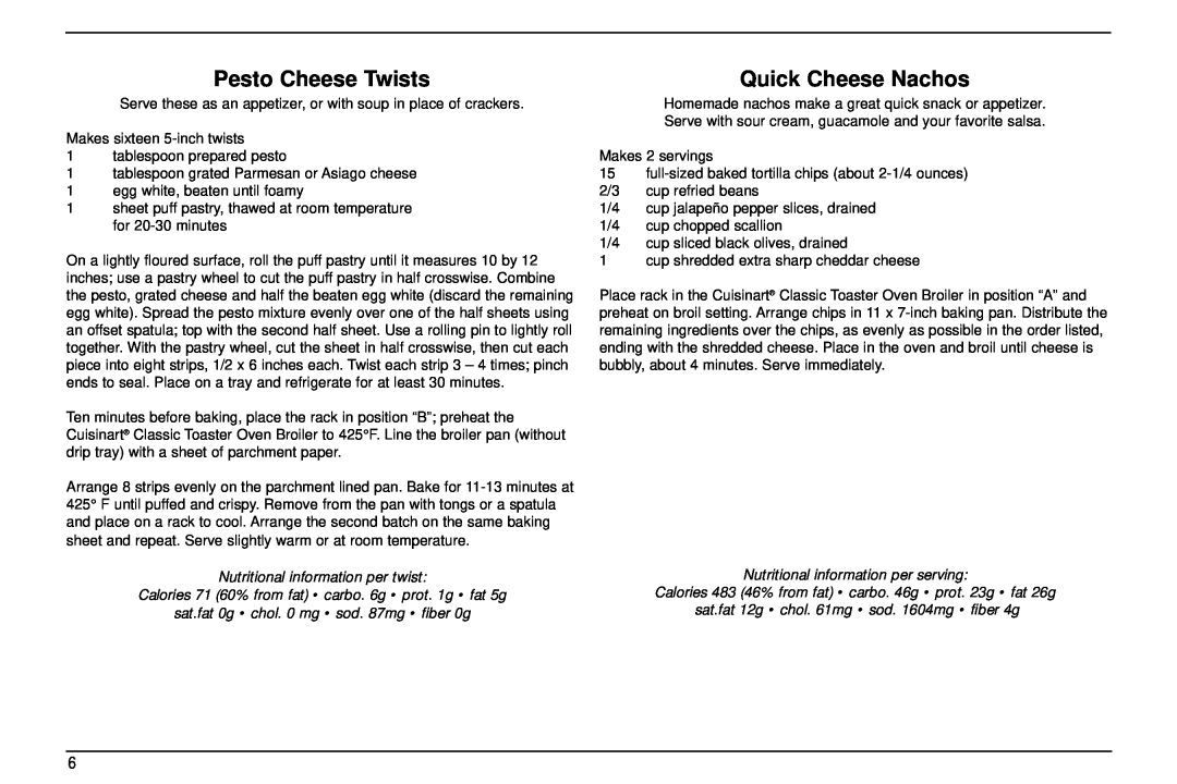 Cuisinart TOB-30 manual Pesto Cheese Twists, Quick Cheese Nachos, Nutritional information per twist 