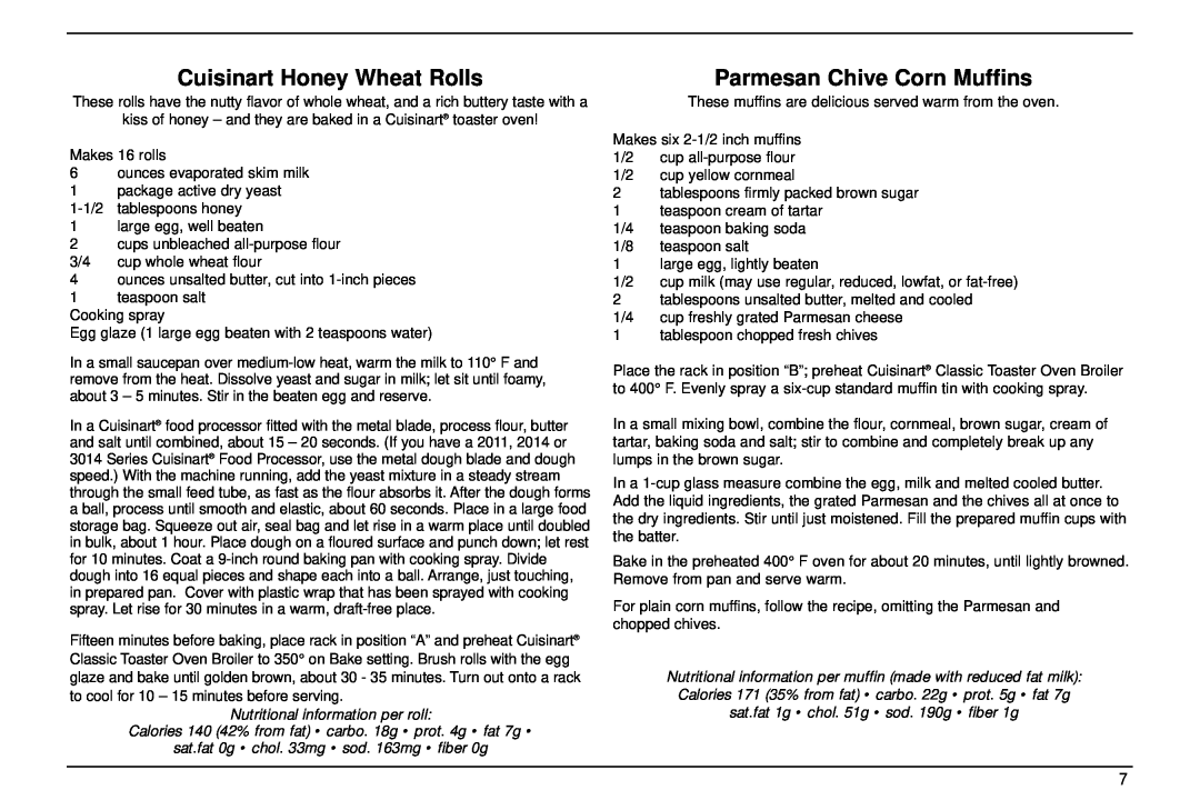 Cuisinart TOB-30 manual Cuisinart Honey Wheat Rolls, Parmesan Chive Corn Muffins, Nutritional information per roll 